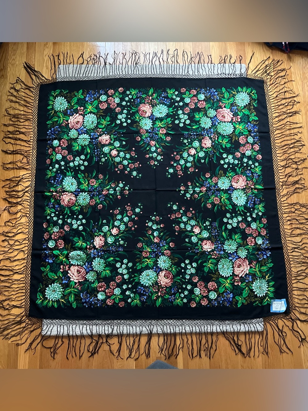 Pavlovo Posad Vintage USSR Wool Shawl Scarf 148x148cm Black Green Pink NWT